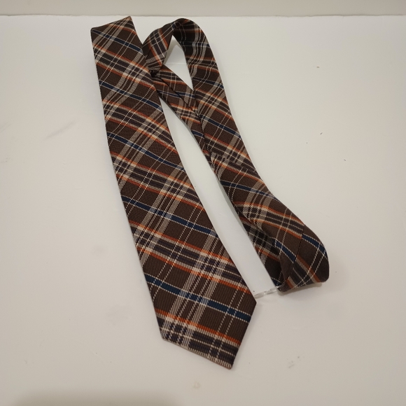 The Tie Bar Silk Wool Diagonal Brown Orange Blue Plaid Men's Skinny Necktie - Picture 3 of 12